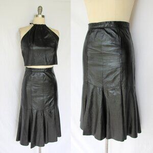 Aggie Georgette Chordas black Leather Godet Midi dress Skirt mermaid flare S